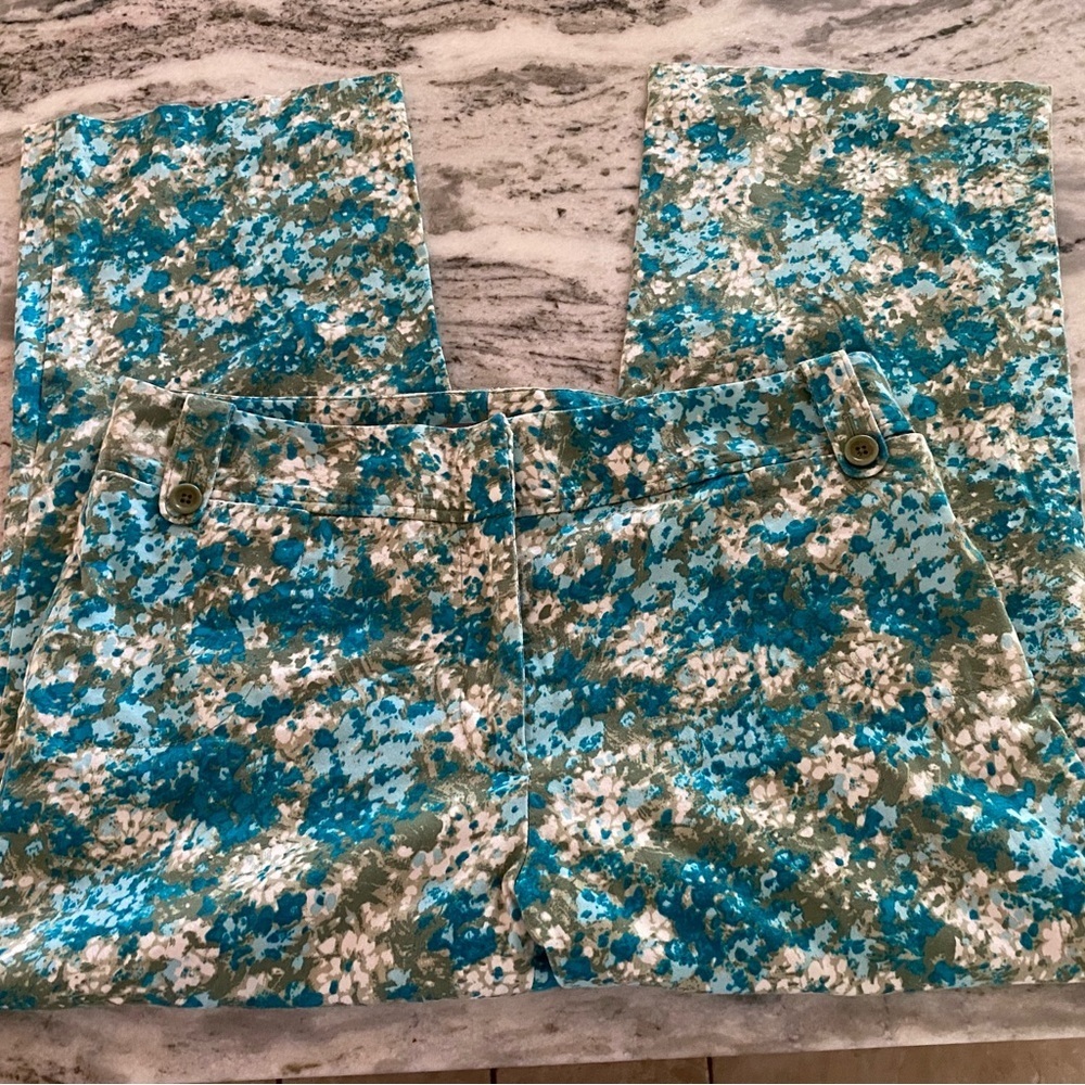 Ann Taylor Pants Blue Green Floral Stretch Ankle Women's Size 8